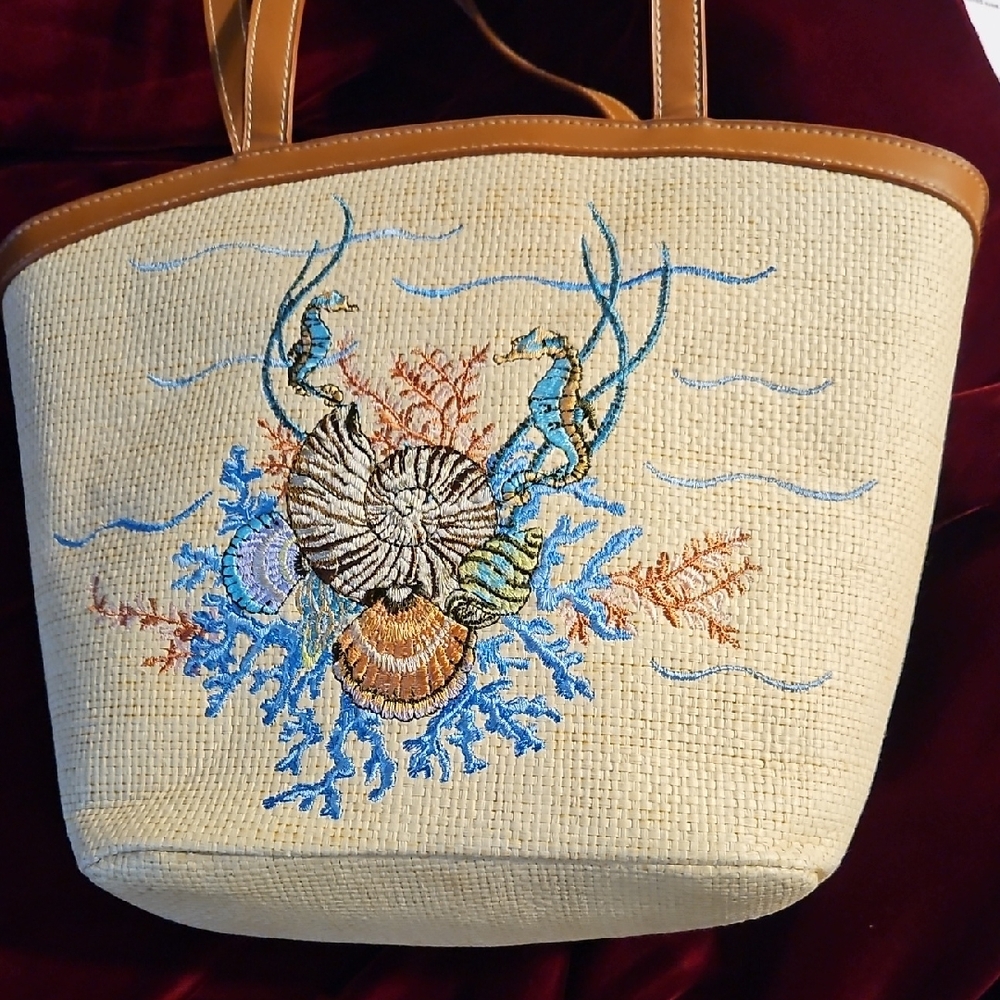 Cappelli Straworld Tan and Blue Seaworld Embroidered Satchel